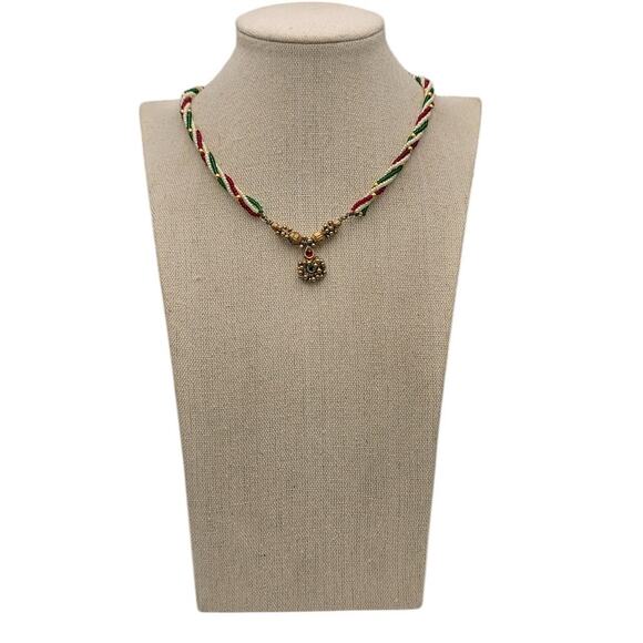 Red & Green Twisted Vintage Multi-Strand Beaded Necklace with Pendant Charm - Picture 3 of 5